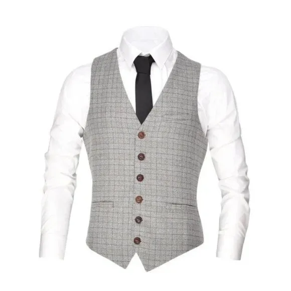 New Men's V-Neck Suit Vest Button Waistcoat Beige