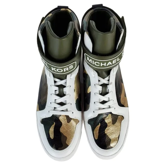 New Michael kors trent metallic camo leather high top sneakers olive multicolor