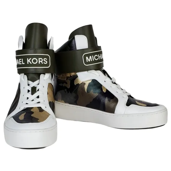 New Michael kors trent metallic camo leather high top sneakers olive multicolor