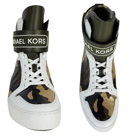 New Michael kors trent metallic camo leather high top sneakers olive multicolor