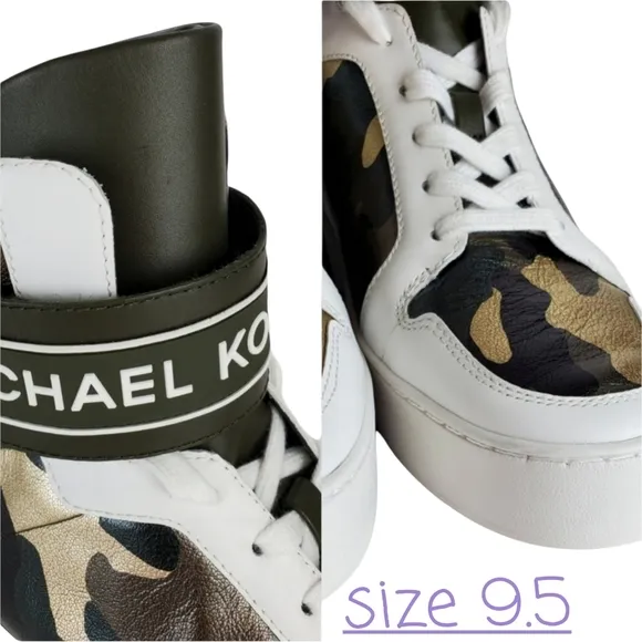 New Michael kors trent metallic camo leather high top sneakers olive multicolor