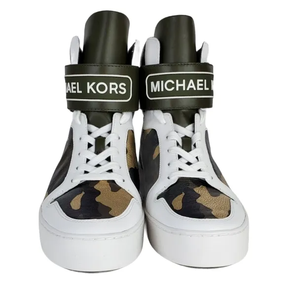 New Michael kors trent metallic camo leather high top sneakers olive multicolor
