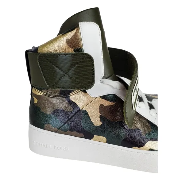 New Michael kors trent metallic camo leather high top sneakers olive multicolor