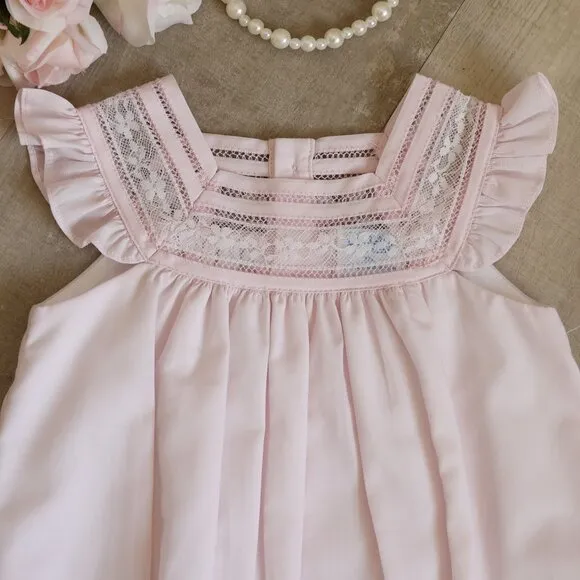 New Pink Heirloom Romper with Flutter Sleeves and Lace Inlay 9 Months Boutique