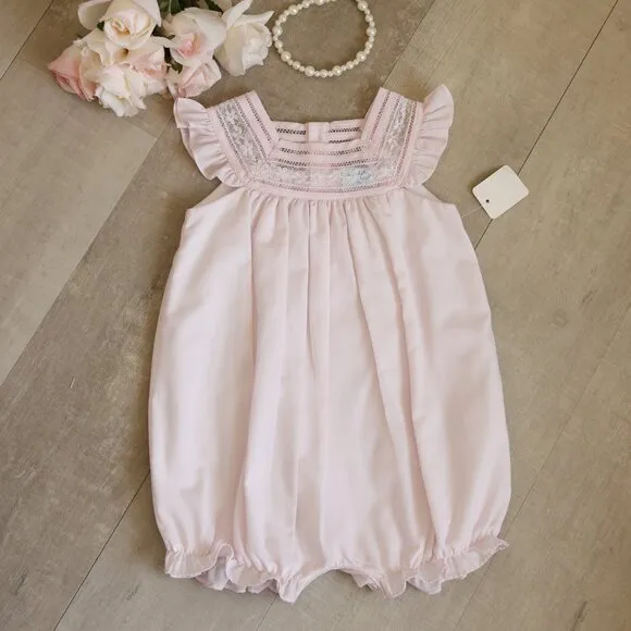 New Pink Heirloom Romper with Flutter Sleeves and Lace Inlay 9 Months Boutique
