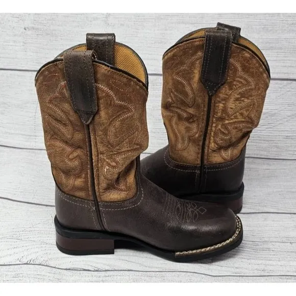 New!! Roper Children Monterey Distressed Tan &amp; Brown Square Toe Western Boots Si