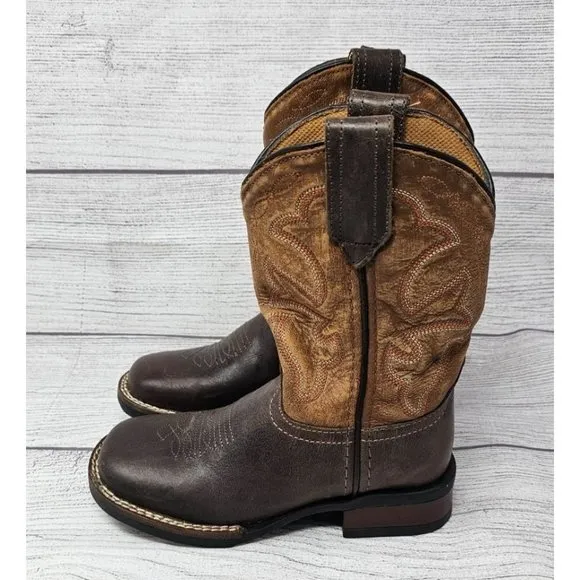 New!! Roper Children Monterey Distressed Tan &amp; Brown Square Toe Western Boots Si