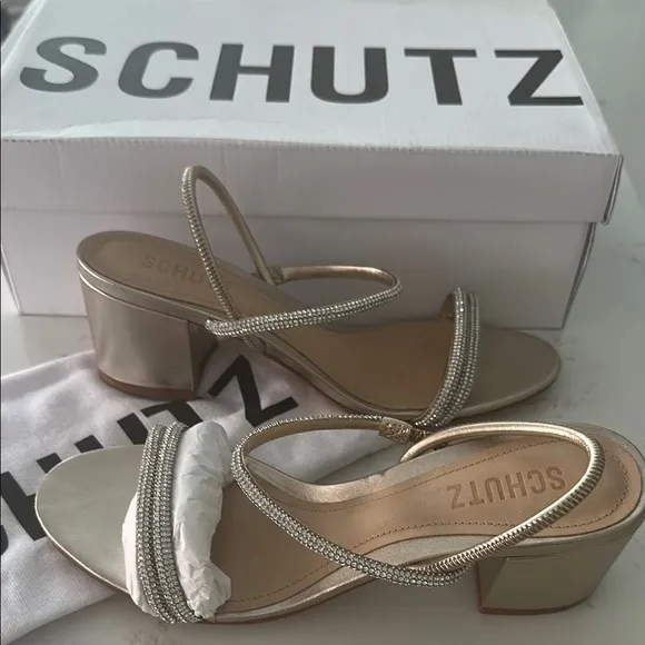 NEW Schutz Gold Crystal WHITELEY metallic BLOCK HEELS SHOES Sandals 6.5
