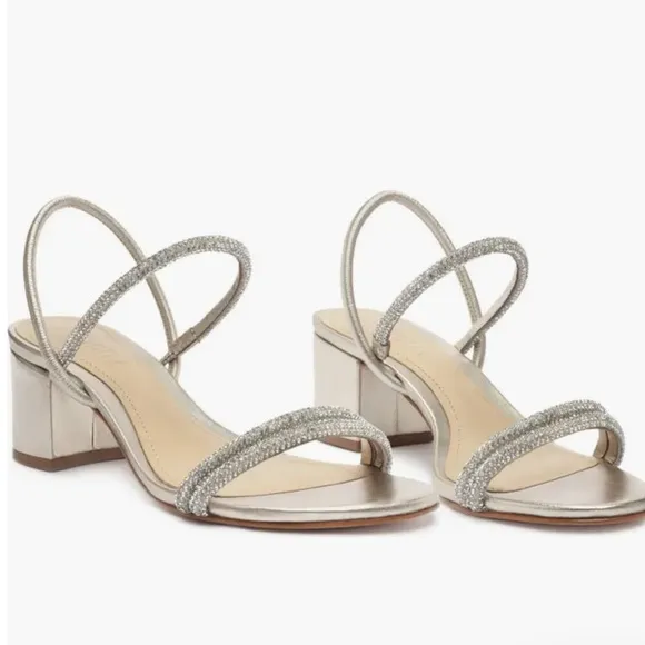 NEW Schutz Gold Crystal WHITELEY metallic BLOCK HEELS SHOES Sandals 6.5