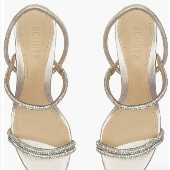 NEW Schutz Gold Crystal WHITELEY metallic BLOCK HEELS SHOES Sandals 6.5