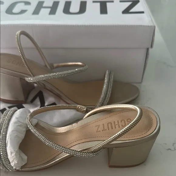 NEW Schutz Gold Crystal WHITELEY metallic BLOCK HEELS SHOES Sandals 6.5