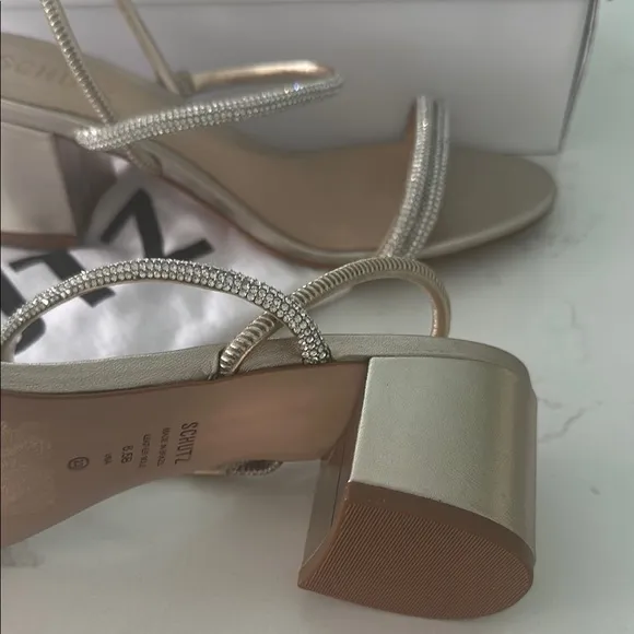 NEW Schutz Gold Crystal WHITELEY metallic BLOCK HEELS SHOES Sandals 6.5