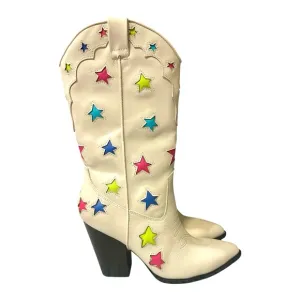 New Steve Madden Luminous Ivory Colorful Stars Cowboy Western Leather Boots 6.5