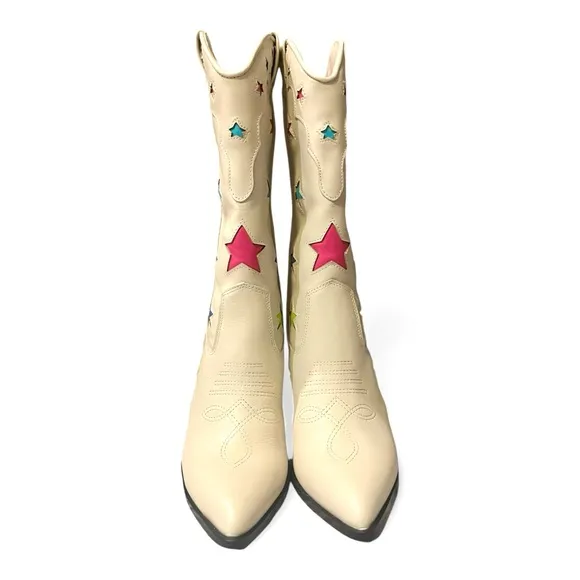 New Steve Madden Luminous Ivory Colorful Stars Cowboy Western Leather Boots 6.5