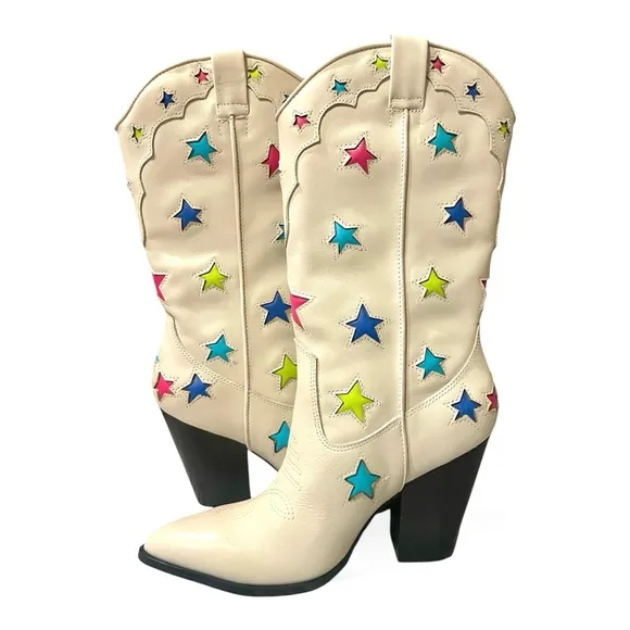New Steve Madden Luminous Ivory Colorful Stars Cowboy Western Leather Boots 6.5