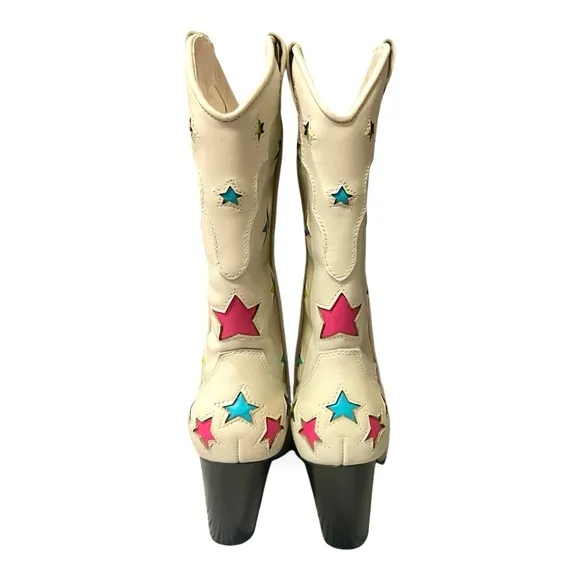 New Steve Madden Luminous Ivory Colorful Stars Cowboy Western Leather Boots 6.5