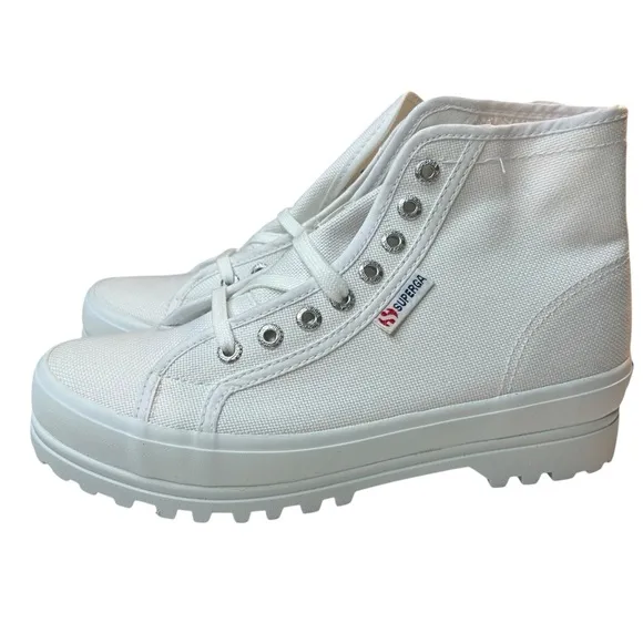 NEW Superga 2341 Alpina High Top Sneakers White Canvas Lug Soles Size 8