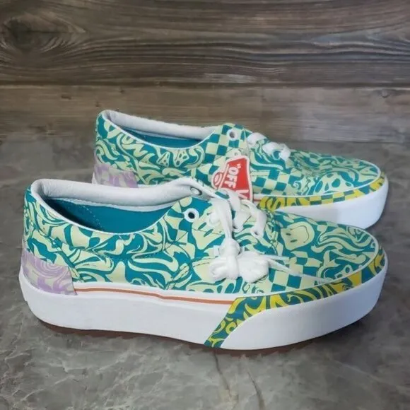 New Vans Era Stacked Wavy Daze Tile Blue Green Platform Sneakers