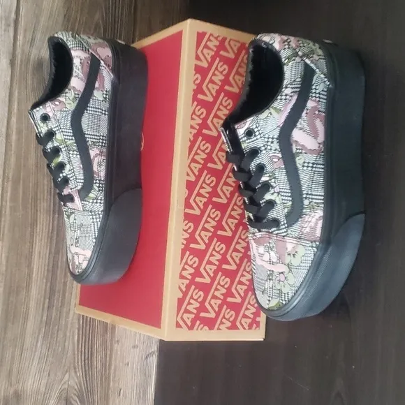 New Vans Old Skool Black Plaid Floral Platform Sneakers Whimsy Goth Festival