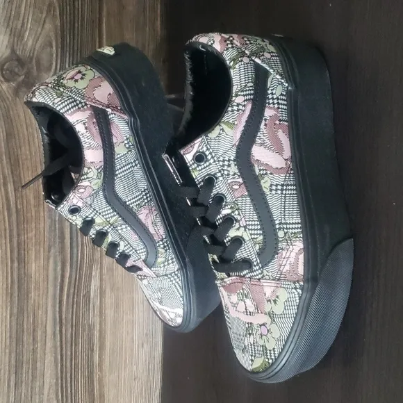 New Vans Old Skool Black Plaid Floral Platform Sneakers Whimsy Goth Festival