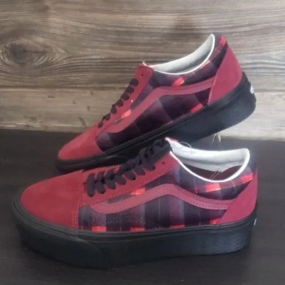 New Vans Old Skool Stacked Velvet Red Plaid Platform Sneakers Preppy Goth Punk