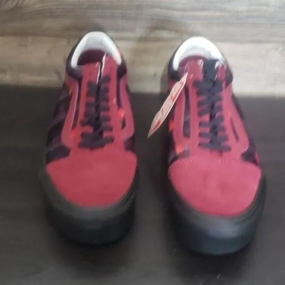 New Vans Old Skool Stacked Velvet Red Plaid Platform Sneakers
