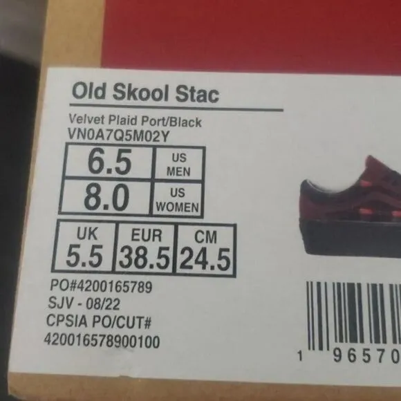 New Vans Old Skool Stacked Velvet Red Plaid Platform Sneakers