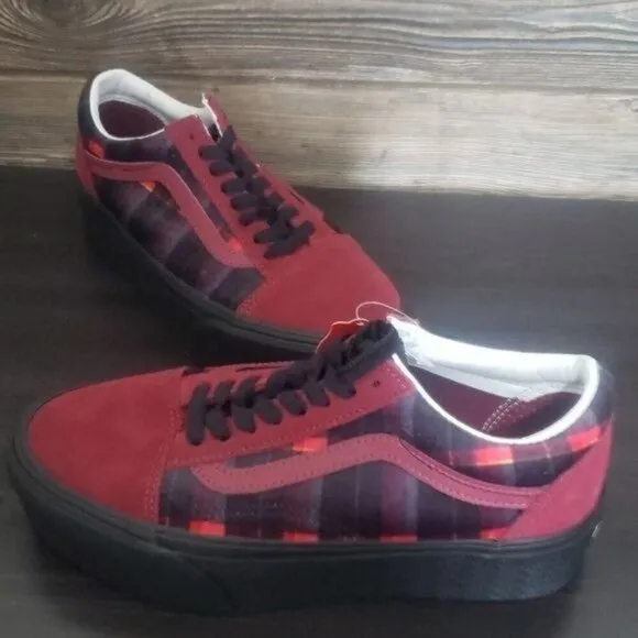 New Vans Old Skool Stacked Velvet Red Plaid Platform Sneakers