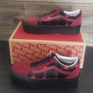 New Vans Old Skool Stacked Velvet Red Plaid Platform Sneakers