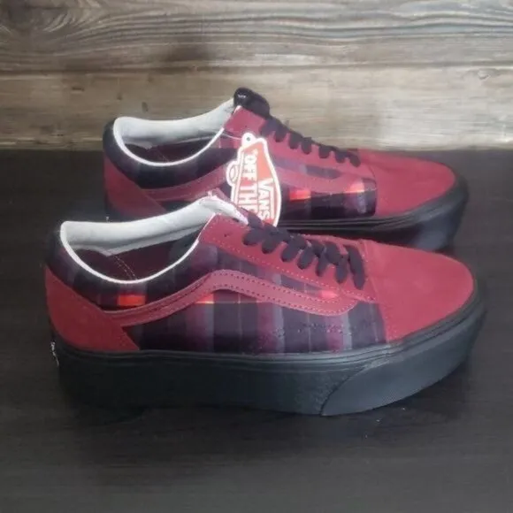 New Vans Old Skool Stacked Velvet Red Plaid Platform Sneakers