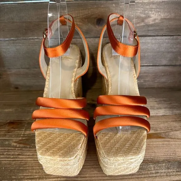 New Womens Sam Edelman Tibby Orange Satin Wedge‎ Heeled Sandals Shoes Size 8.5 M