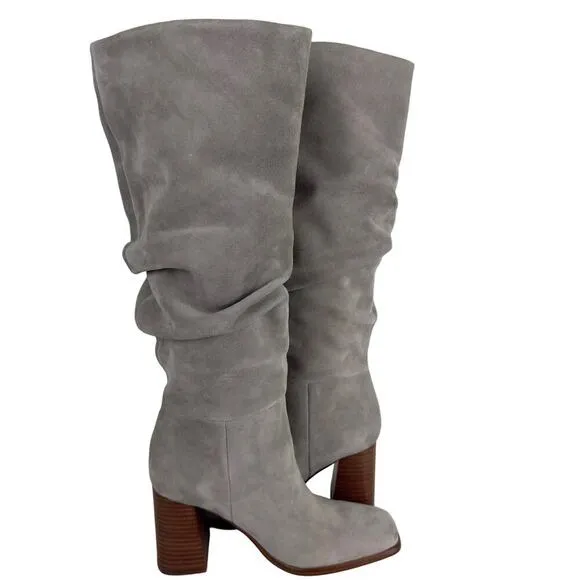 NINE WEST DOMAEY LEATHER 18&quot; SQUARE TOE BOOTS IN MEDIUM GREY NWOB WOMEN'S 6.5M