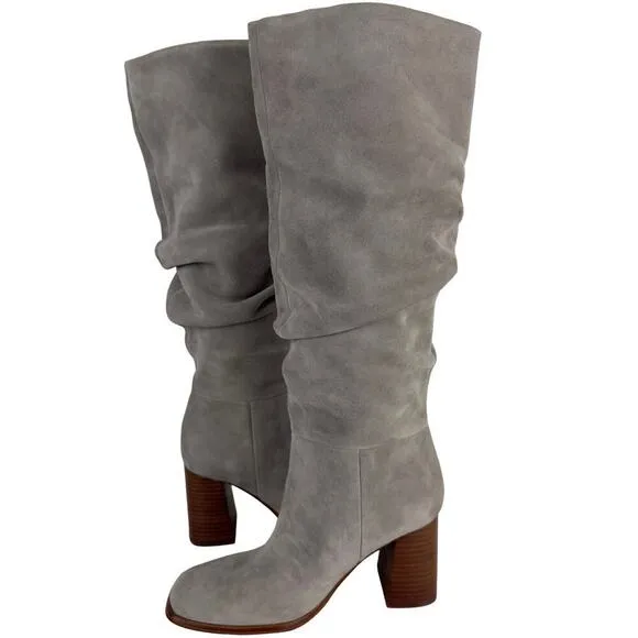 NINE WEST DOMAEY LEATHER 18&quot; SQUARE TOE BOOTS IN MEDIUM GREY NWOB WOMEN'S 6.5M