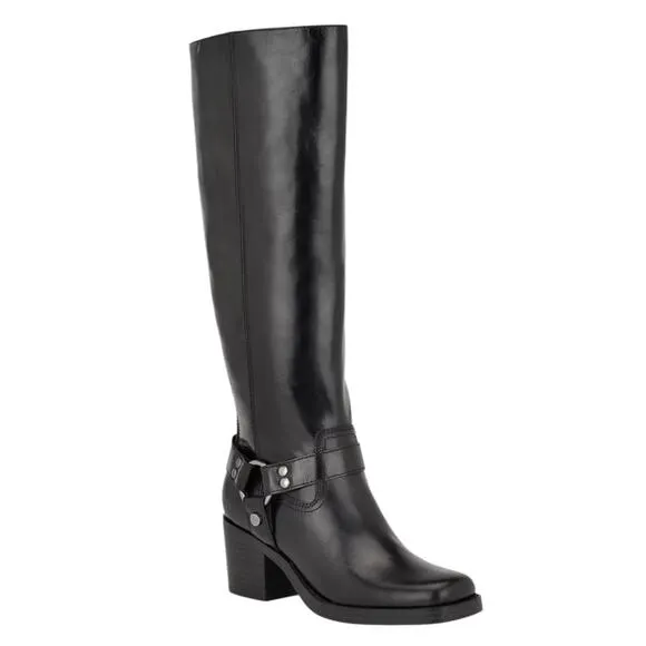 Nine West Women Koop Square Toe Block Heel Knee High Moto Boots Black Size 7 1/2
