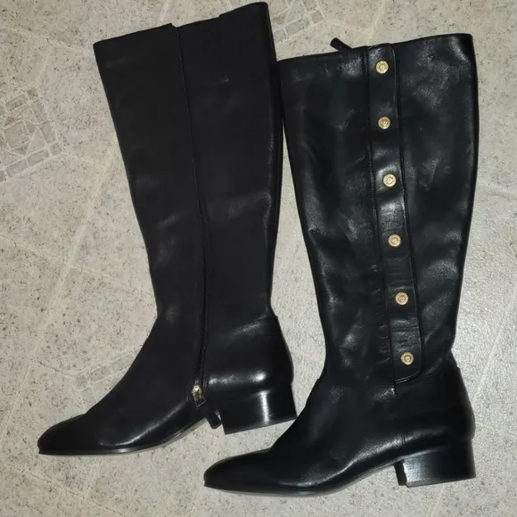 Ninewest NWT black knee high leather emblem bo…
