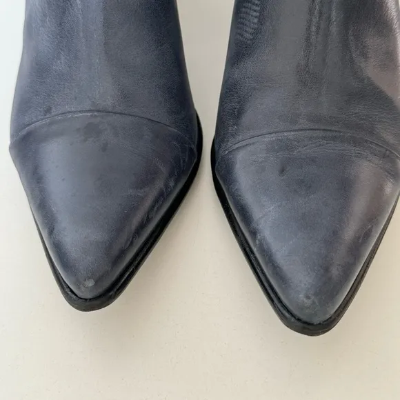 Nordstrom Fidji Navy Blue Leather Ankle Wood Heel Bootie Shoes EU Size 41.5