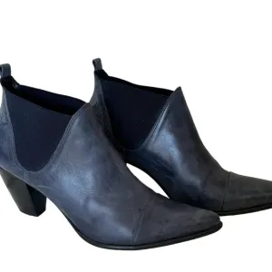 Nordstrom Fidji Navy Blue Leather Ankle Wood Heel Bootie Shoes EU Size 41.5