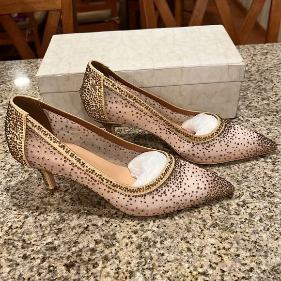Nude Rhinestone Mesh Stiletto Heels Pumps Women Comfortable High Heel Size: 7