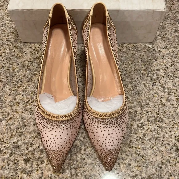 Nude Rhinestone Mesh Stiletto Heels Pumps Women Comfortable High Heel Size: 7