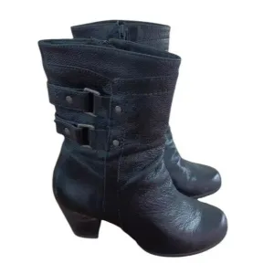 Nurture Jadyn Mid Calf Boots Women's 8M Black Leather Round Toe Cuban Heel Boots