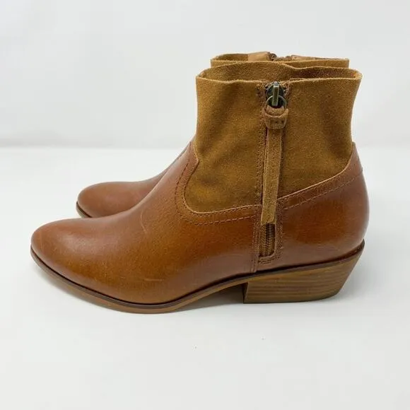 NWOB Frye Cognac Leather and Suede Ankle Boots Side Zip Women's Size 8.5