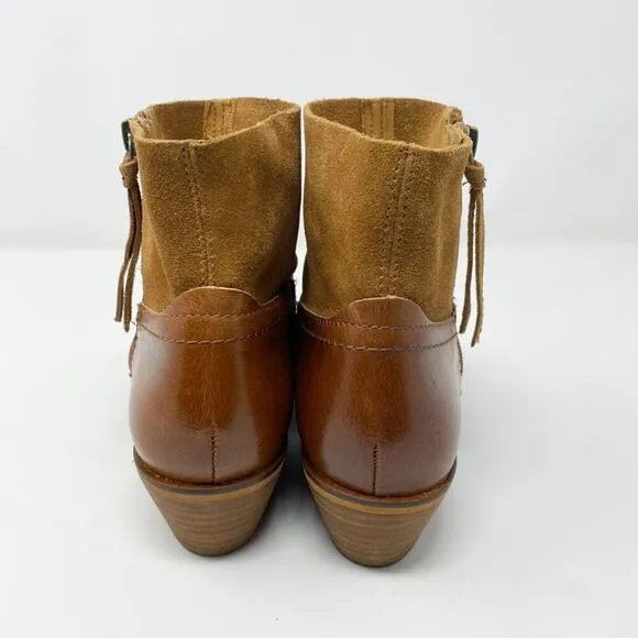 NWOB Frye Cognac Leather and Suede Ankle Boots Side Zip Women's Size 8.5