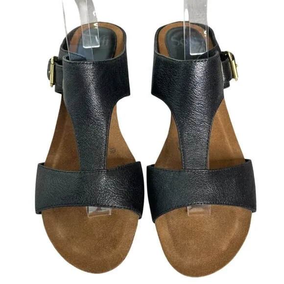NWOB Sofft Black Leather Wedge Sandals With Buckle Closure Women’s Size 11