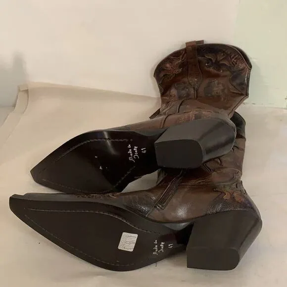 NWOT BARBARA BUCCI  LEATHER COWGIRLS WESTERN BROWN BOOTS SIZE 41 MADE‎ I…