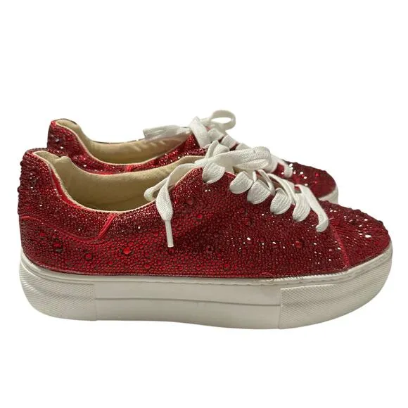 NWOT Betsy Johnson Sidny Platform Lace-Up Sneakers Red Rhinestone 6.5