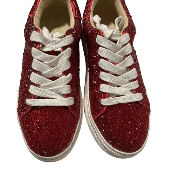 NWOT Betsy Johnson Sidny Platform Lace-Up Sneakers Red Rhinestone 6.5