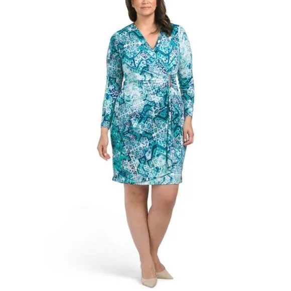 NWT Calvin Klein Women's Plus Wrap Front Printed Sheath Mini Dress