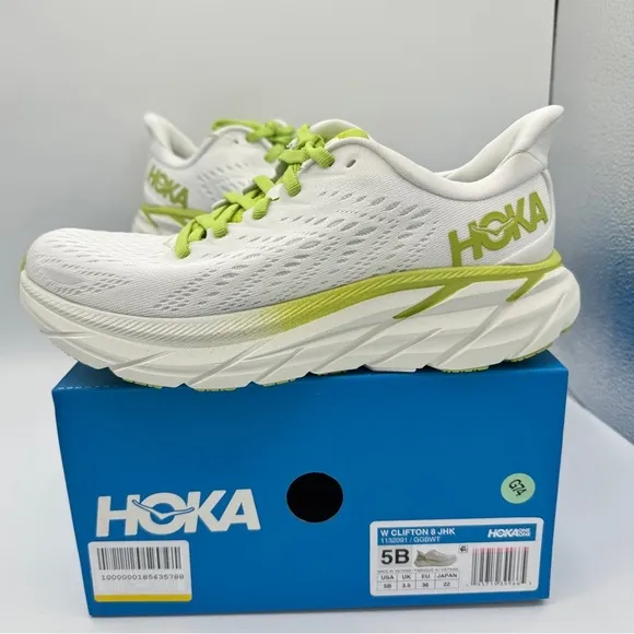 NWT Clifton 8 Hoka One One Running shoes brand new white lime green womens HJK​