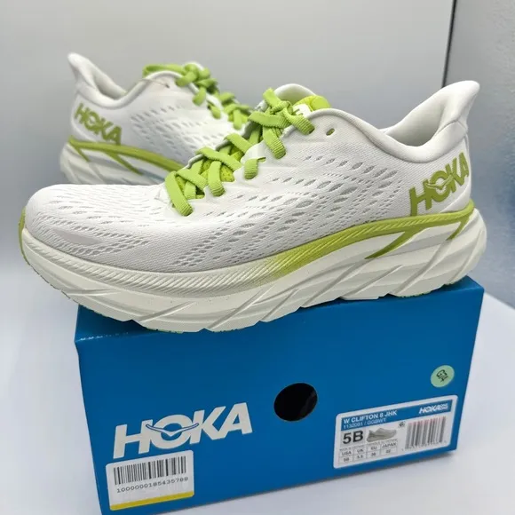NWT Clifton 8 Hoka One One Running shoes brand new white lime green womens HJK​