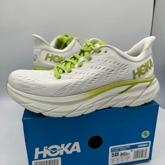 NWT Clifton 8 Hoka One One Running shoes brand new white lime green womens HJK​